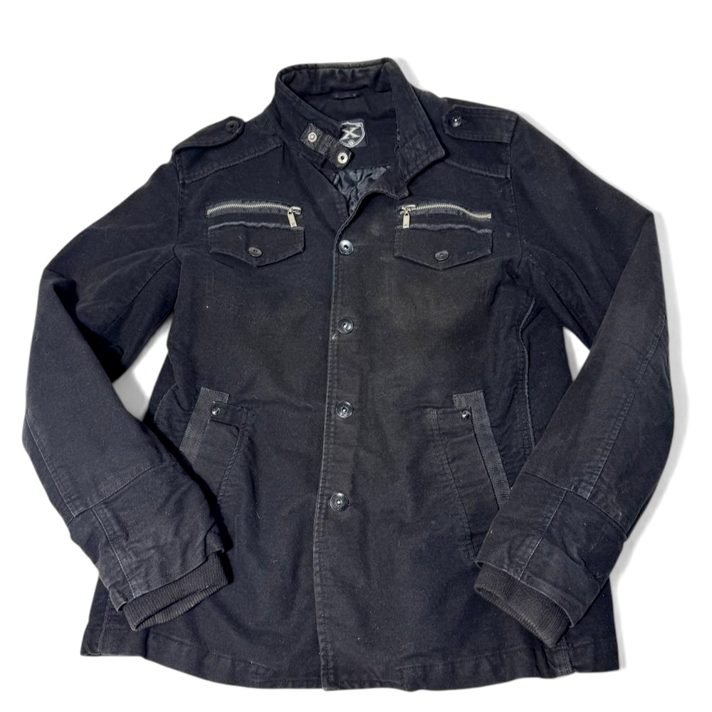 Mens Black Military Jacket Large Utility Streetwear Coat Button Zip Tactical